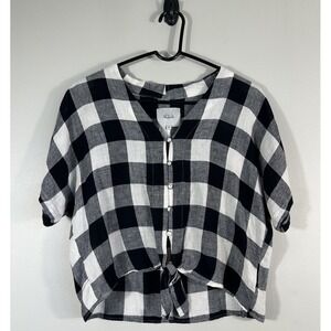 Rails Top Womens XS Blue White Thea Admiral Check Linen Blend Tie Button Up Read